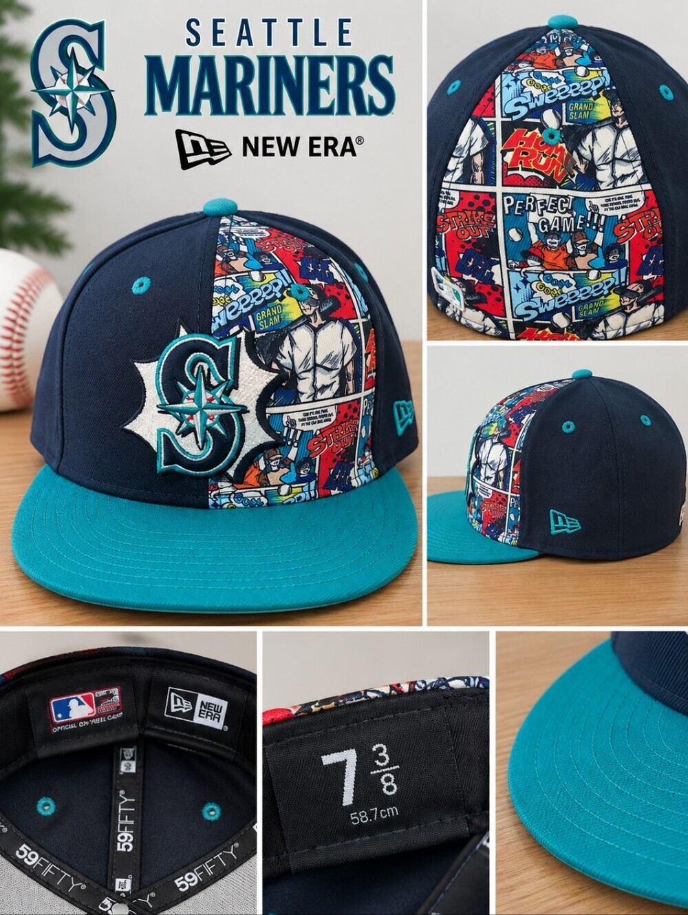 NEW Men's Seattle Mariners Teal & Navy Comic Hero Edition Fitted Hat